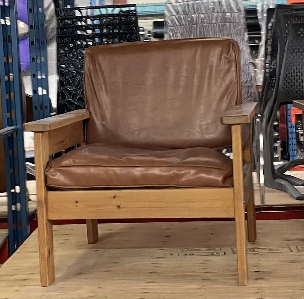 Furnishings, Brown Leather Armchair, Brown, Wood, Leather