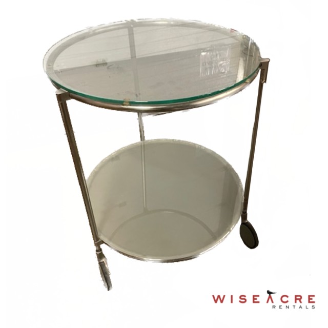 Furnishings, Glass rolling side table with metal posts, W: 20", H: 2', Clear, Silver