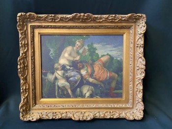 Decor, Baroque Painting Of Man Lying On Woman's Lap While She Stares At A Child, 16" W, 18.5"H