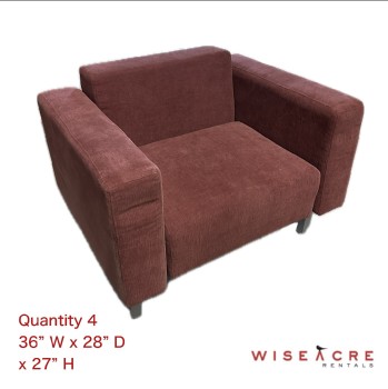 Furnishings, 36" W, 28" D, 27" H, Burgundy, Fabric, Metal