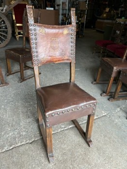 Furnishings, Wood & Leather Chair with Gold Design, Bronze, Black, Gold, Wood, Leather