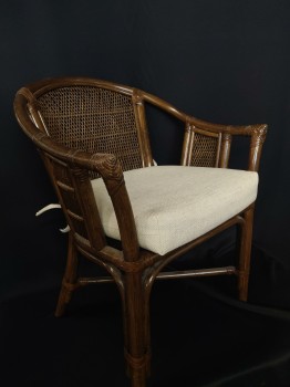 Furnishings, Rattan Wicker Armchair, 25"W, 18.5"D, 32"H, Brown, Cream, Wicker, Fabric