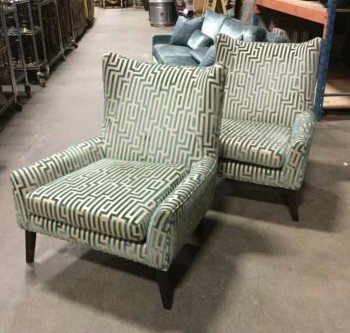 Furnishings, Slipper Chair, 30" W, 27" D, 33" H, Teal, Beige, Fabric, Wood