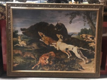 Decor, (VO) Wooden frame with "Boar Hunt" By Franz Snyders, 43"H, 55" W, Copper, Beige, Blue, Sage, Wood, Canvas