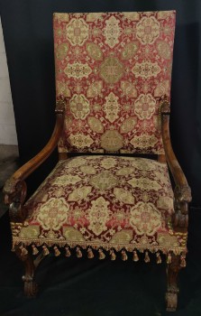 Furnishings, Brocade Armchair With Tassel Fringe & Carved Arms, 26.5"W, 27.5"D, 47.5"H, Red, Gold, Fabric, Wood