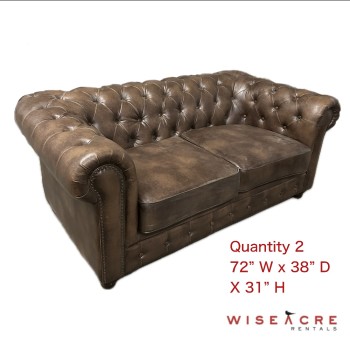 Furnishings, Tufted Leather Couch, 72" W, 38" D, 31" H, Brown, Leather