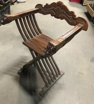 Furnishings, Savonarola with Lion Head Carved Arms, 22.5"W, 20" D, 33" H, Mid Tone Wood, Wood