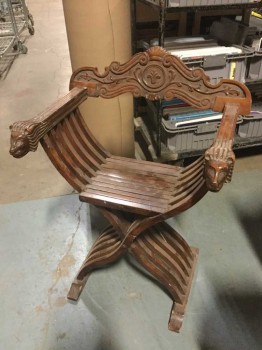 Furnishings, Savonarola with Lion Head Carved Arms, 22.5"W, 20" D, 33" H, Mid Tone Wood, Wood