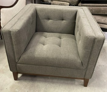Furnishings, Tufted Club Chair, Grey, Brown, Fabric, Wood