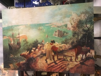 Decor, Painting Of A Man Pulling A Horse, Ocean And Ships In The Background, Teal, Tan, Taupe, Charcoal