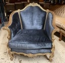 Furnishings, Crushed Velvet Armchair With Gold Frame, 35" W, 27" D, 39" H, Dark Blue, Gold, Wood, Velvet