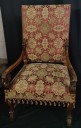 Furnishings, Brocade Armchair With Tassel Fringe & Carved Arms, 26.5"W, 27.5"D, 47.5"H, Red, Gold, Fabric, Wood