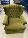 Furnishings, Tufted Velvet Olive Green Wingback Armchair, 32" W, 32" D, 34" H, Olive, Wood, Fabric